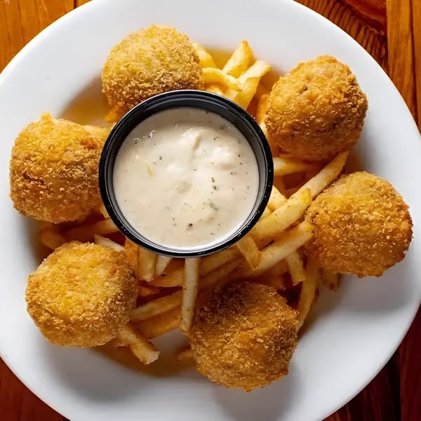 Six golden-brown fried boudin balls and french fries with a side of dipping sauce.