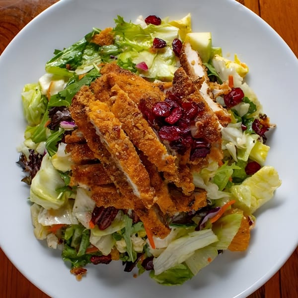 Crispy fried chicken salad with mixed greens, cranberries, and apples on a white plate.